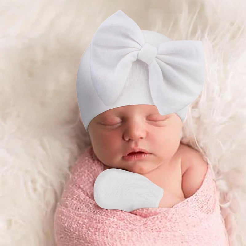 DRESHOW BQUBO Newborn Baby Girls Hats Mittens Set Hospital Hat Beanie Infant Bow Hats Baby Cotton Gloves for 0-6 Months - Image 3